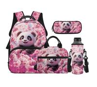 TOADDMOS Juego de mochila escolar de 4 piezas con lonchera y estuche para botella de agua, para niños, adolescentes, escuela secundaria, Panda Cherry Blossom, moderno