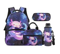 TOADDMOS Juego de mochila escolar de 4 piezas con lonchera y estuche para botella de agua, para niños, adolescentes, escuela secundaria, Galaxy Axolotl, moderno