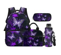 TOADDMOS Juego de mochila escolar de 4 piezas con lonchera y estuche para botella de agua, para niños, adolescentes, escuela secundaria, Mariposa Púrpura, moderno