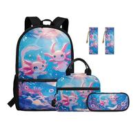 TOADDMOS Juego de mochila escolar de 5 piezas con bolsa de almuerzo, bolsa para bolígrafos, 2 marcadores y compartimentos para escuela primaria secundaria, Axolotls rosados, moderno