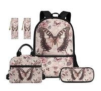 TOADDMOS Juego de mochila escolar de 5 piezas con bolsa de almuerzo, bolsa para bolígrafos, 2 marcadores y compartimentos para escuela primaria secundaria, Flores de mariposa, moderno