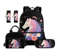 TOADDMOS Juego de mochila escolar de 5 piezas con bolsa de almuerzo, bolsa para bolígrafos, 2 marcadores y compartimentos para escuela primaria secundaria, Flores de caballo rosa, moderno
