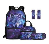 TOADDMOS Juego de mochila escolar de 5 piezas con bolsa de almuerzo, bolsa para bolígrafos, 2 marcadores y compartimentos para escuela primaria secundaria, Galaxy Wolf, moderno