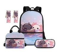TOADDMOS Juego de mochila escolar de 5 piezas con bolsa de almuerzo, bolsa para bolígrafos, 2 marcapáginas para niños de escuela primaria y secundaria, Axolotl de dibujos animados, moderno