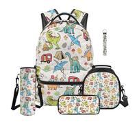 TOADDMOS Juego de mochila escolar de 5 piezas con bolsa de almuerzo, estuche multifuncional, bolsa para botella de agua, llavero con cordón, Dinosaurio de dibujos animados., moderno