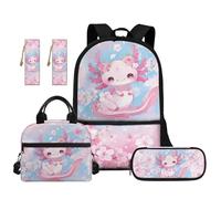 TOADDMOS Juego de mochila escolar de 5 piezas con bolsa de almuerzo portátil, estuche para lápices, 2 marcapáginas para escuela primaria secundaria, Rosa Axolotl Floral, moderno