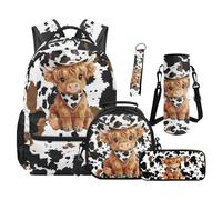 TOADDMOS Juego de mochila escolar de 5 piezas con bolsa de almuerzo portátil, estuche para lápices, bolsa de botella de agua, llavero con cordón, Bonita vaca de las tierras altas, moderno