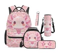 TOADDMOS Juego de mochila escolar de 5 piezas con bolsa de almuerzo portátil, estuche para lápices, bolsa de botella de agua, llavero con cordón, Axolotl Fresa, moderno