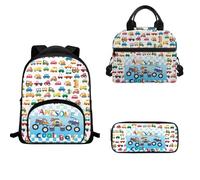 TOADDMOS Juego de mochila escolar para niños y niñas, 3 piezas, bolsa de almuerzo aislada y soporte para lápices, Impresionante coche escolar, Juego de mochila escolar