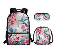 TOADDMOS Juego de mochila escolar para niños y niñas y estudiantes de primaria con bolsa de almuerzo y estuche para lápices, 3 en 1, Colibrí Flor, Mochilas