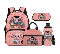 TOADDMOS Juego de mochila para niños, 4 piezas, con bolsa de almuerzo portátil, estuche para lápices, bolsa para botella de agua, adecuada para adolescentes de escuela secundaria, Libros Axolotl