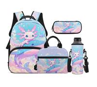 TOADDMOS Juego de mochila para niños, 4 piezas, con bolsa de almuerzo portátil, estuche para lápices, bolsa para botella de agua, adecuada para adolescentes de escuela secundaria, Ballena Axolotl