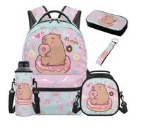 TOADDMOS Juego de mochila para niños, 5 piezas, con bolsa de almuerzo, estuche multifuncional, bolsa para botella de agua, llavero con cordón para niños y adolescentes, Capybara Donut, moderno