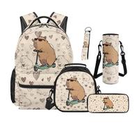 TOADDMOS Juego de mochila para niños, 5 piezas, con bolsa de almuerzo, estuche multifuncional, bolsa para botella de agua, llavero con cordón para niños y adolescentes, Bonito capibara, moderno