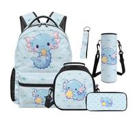 TOADDMOS Juego de mochila para niños, 5 piezas, con bolsa de almuerzo, estuche multifuncional, bolsa para botella de agua, llavero con cordón para niños y adolescentes, Lazo de ajolote azul, moderno