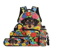 TOADDMOS Juego de mochila para niños de 4 piezas con bolsa de almuerzo, bolsa para bolígrafos, bolsa para botella de agua, bonita mochila para la escuela primaria, Flores de perro salchicha, moderno