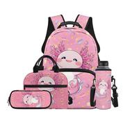 TOADDMOS Juego de mochila para niños de 4 piezas con bolsa de almuerzo, bolsa para bolígrafos, bolsa para botella de agua, bonita mochila para la escuela primaria, Donuts de ajolote rosa, moderno