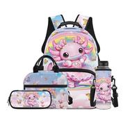 TOADDMOS Juego de mochila para niños de 4 piezas con bolsa de almuerzo, bolsa para bolígrafos, bolsa para botella de agua, bonita mochila para la escuela primaria, Mariposa Axolotl, moderno