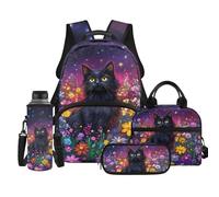 TOADDMOS Juego de mochila para niños de 4 piezas con bolsa de almuerzo, bolsa para bolígrafos, bolsa para botella de agua, para niños y niñas de escuela primaria, Flores de gato negro, moderno