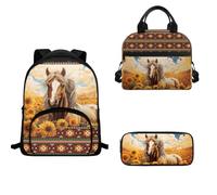 TOADDMOS Mochila pequeña de 12 pulgadas con bolsa de almuerzo aislada para lápices, 3 piezas, Caballo de girasol tribal, Juego de mochila escolar