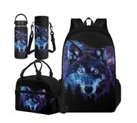 TOADDMOS Regalos de vuelta a la escuela para niñas y niños, bolsa escolar de 4 piezas con bolsa de almuerzo portátil para botella de agua de acero inoxidable, Galaxy Wolf, L, Juego de mochila escolar