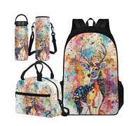 TOADDMOS Regalos de vuelta a la escuela para niñas y niños, bolsa escolar de 4 piezas con bolsa de almuerzo portátil para botella de agua de acero inoxidable, Pintura de renos, S, Juego de mochila