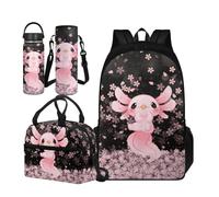 TOADDMOS Regalos de vuelta a la escuela para niñas y niños, bolsa escolar de 4 piezas con bolsa de almuerzo portátil para botella de agua de acero inoxidable, Flor de ciruelo Axolotl, L, Juego de