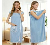 Toalla de baño con bolsillo y diseño de lazo de secado rápido, suave bata de toalla para playa, baño y piscina, azul claro