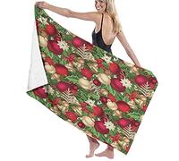 Toalla de baño grande y suave, ramas de árboles, hojas de abeto, bolas, campanas, conos, flor de Pascua, muérdago, bayas, multicolor, toalla de playa para hotel familiar, viajes, natación, 52.0 x 32.0