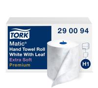 Toalla de mano de papel extra suave Tork Matic, blanca con hojas azules H1 Premium, alta absorci n, 6 rollos x 91 m (290094)
