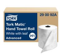 Toalla de manos en rollo Tork Matic, blanca con hojas grises, Advanced H1, 100 % fibra reciclada, alta absorci n, capacidad media, 2 capas, 6 rol