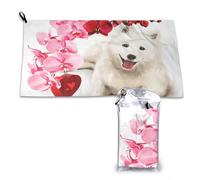 Toalla de microfibra de secado rápido con diseño de perro samoyedo y flores rosas para adultos (40,6 x 175,4 cm)