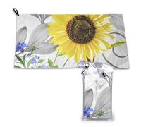 Toalla de microfibra de secado rápido con girasoles amarillos y flores azules de acuarela para adultos, 40,6 x 243,8 cm