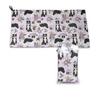 Toalla de microfibra de secado rápido para adultos, diseño de perro Border Collie con estampado floral vintage, color morado, 40,6 x 44,5 cm