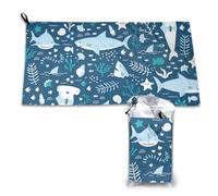Toalla de microfibra de secado rápido para adultos, diseño de tiburón sonriente, animales marinos, peces y estrellas de mar, color azul, 40,6 x 105,6 cm.