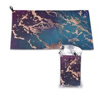 Toalla de microfibra Marble Luxe Decor en morado oscuro y verde azulado con dorado. Secado rápido. Para adultos, 40,6 x 30,5 cm.