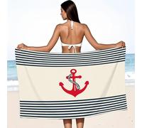 Toalla de playa de microfibra 200 x 90 cm, toalla de playa moderna clásica suave minimalista roja ancla geométrica a rayas sin arena de secado rápido, toalla de viaje absorbente para la playa