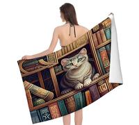 Toalla De Playa De Microfibra Estantes Llenos De Libros Y Patrón De Gatos Toallas Deportiva De Playa Deportes Portátil Toallas Baño, para Piscina, Acampar, Surf, 80x130cm