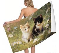 Toalla de Playa Secado rápido Crisantemos en la Hierba, Gato 200 x 100 cm Estilo de Pintura al óleo Suave Ligera sin Arena Playa Viajes Camping Verano