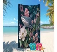 Toalla de Playa Secado Rápido Microfibra 90x180 cm TiburóN Creativo Abstracto Y Flores Prevención de Arena Toalla de Playa con Estampado Negro para Playa/Piscina/Sillas de Playa Vacaciones de Verano