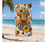 Toalla de playa vintage de microfibra de vaca de las tierras altas, girasoles amarillos, mariposas azules, secado rápido, absorbente, suave, sin arena, ligera, esencial para viajes al aire libre, 31 x