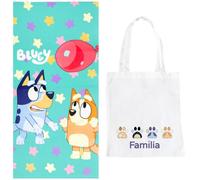 Toalla Infantil Bluey y Bingo Jugando Globo Rojo Microfibra Estampado Playa Jugando con la Arena 100% Poliéster 70x140cm de para Niños Verano Vacaciones | Producto Oficial Ludo BBC Studio