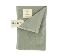 Toalla para Invitados Jean & len de algodón 100% orgánico, Color Salvia, con Gancho, Certificado Oeko-Tex y Gots, Etiqueta de la Marca en Cuero Vegano, Toallas para Invitados 30 x 50 cm