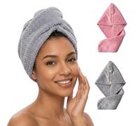 Toalla Turbante Pelo Pack de 2 Doble Capa, Turbante de Microfibra súper Absorbente con 2 Botones | Toalla de Secado rápido para Cabello & Gorro de baño, Gris & Rosa