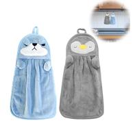 Toallas de Mano para Baño y Cocina - 2 Piezas de Microfibra Suave con Diseños de Animales Lindos y Anillos Colgantes (Azul, Gris)