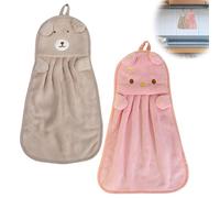toallas de mano para el baño 2piezas, toallas para manos de microfibra suave toallas para manos de animales lindos toallas para manos de cocina para baños con anillos colgantes (Rosa, caqui)