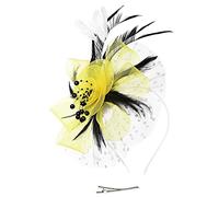 Toallas de pelo para mujer, gorro grande para mujer, boda, cóctel, malla, plumas, pinza para el pelo, diadema para fiesta de té, diademas para mujer, deportes de invierno (amarillo, talla única)