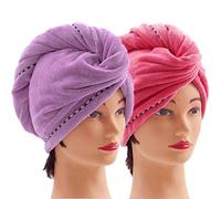 Toallas para Secar el Pelo 2 pcs, Toalla Turbante para el Pelo, Cabello Turbante de Secado rápido Coral Fleece con Botón del Abrigo, para en Capucha Bañera Ducha, SPA, Maquillaje (Púrpura & Rojo)