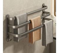 Toallero autoadhesivo de aluminio con ganchos, soporte para toallas de pared de 3 niveles para baño y cocina, 40 cm, color gris, no requiere taladrar