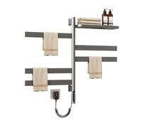 Toallero Electrico Baño con Bandeja Superior, De Acero 180° Inoxidable Calentador De Toallas Giratorio, Estante De Secado Montado En La Pared, 5 Barras con Temporizador Incorporado,Gris